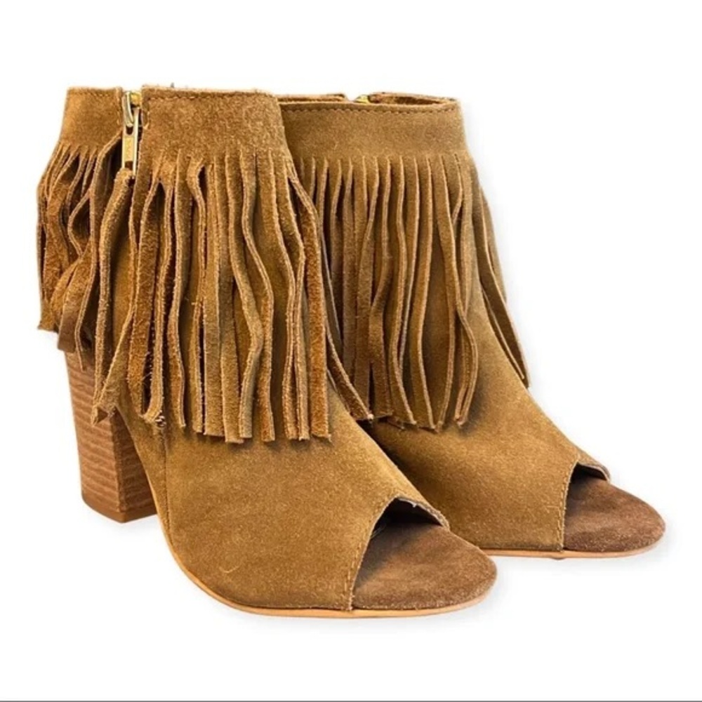 Carlos by Carlos Santana Jasper Peep Toe Camel Brown Suede Fringe Ankle Bootie